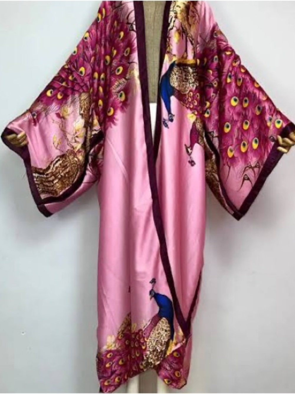 Silky Pink Embroidered Peacock Kimono Robe